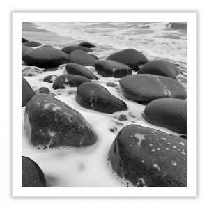 Beach Rocks & Sea Foam Black & White Print